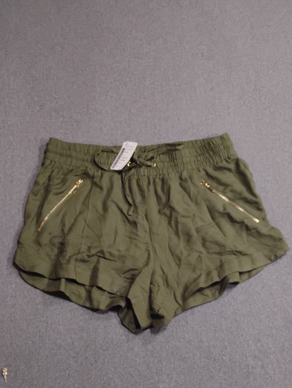 Love Culture Olive Green Drawstring Athletic Shorts with Gold Zippers